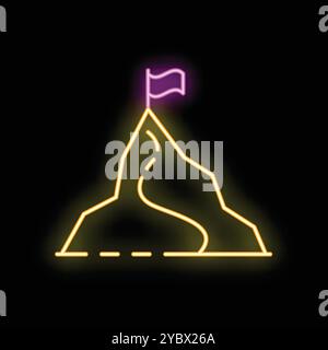 Neon sign representing the concept of reaching goals with a winding path leading to a flag on a mountain top Stock Vector