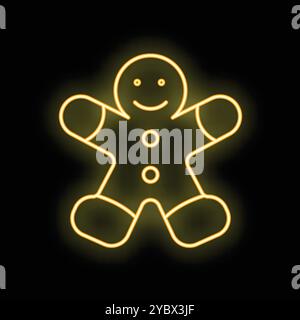 Neon sign showing a smiling gingerbread man with its arms raised on a black background Stock Vector