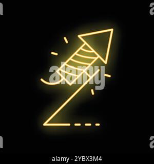 Yellow neon sign of a firework rocket launching up with a trail of smoke, on a black background Stock Vector