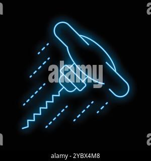 Blue neon sign of a corkscrew opening a wine bottle with motion lines on a black background Stock Vector