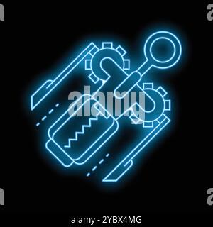 Neon blue icon of a wind up toy moving forward on a black background, representing childhood memories and nostalgia Stock Vector