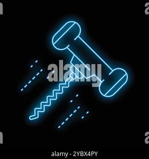 Blue neon icon of a corkscrew, glowing against a black background, evokes a sense of celebration and anticipation Stock Vector