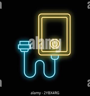 Glowing neon line electric boiler for heating water icon isolated on black background. Vector illustration Stock Vector
