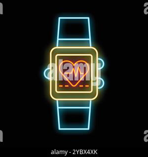 Neon smart watch showing heartbeat icon on black background Stock Vector