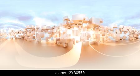 A surreal 3D landscape featuring numerous floating white cubes against a soft blue sky. The cubes vary in size and are arranged in a dynamic, abstract Stock Photo