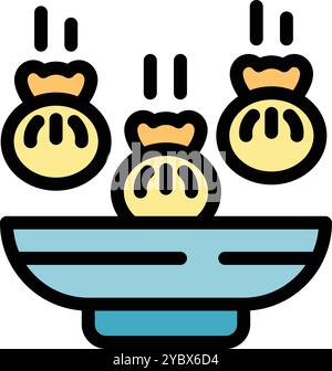 Minimalist vector icon depicting three chinese dumplings falling in a bowl, great for projects related to food, asian cuisine or restaurants Stock Vector
