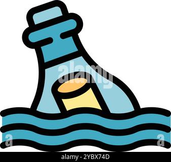 Glass bottle with a rolled up message inside floating on blue ocean waves Stock Vector