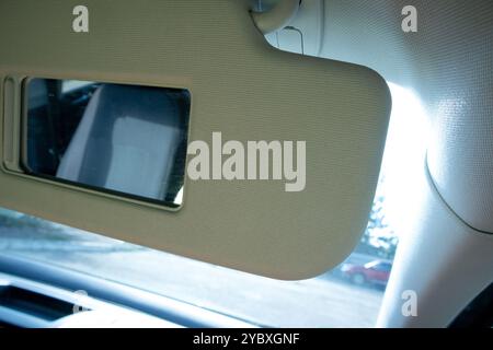 Introducing a Stylish Car Sun Visor with an Illuminated Mirror for chic design and functionality open view Stock Photo