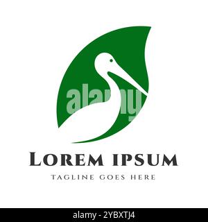 A simple Stork Silhouette illustration with a green leaf shaped background, reflecting the close relationship between nature and wildlife. Stock Vector