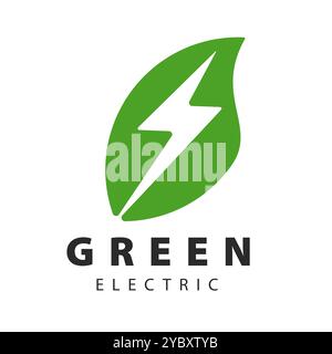 Simple Symbol illustration vector graphic design, combination of green colored leaf and electric bolt pictogram logo Stock Vector