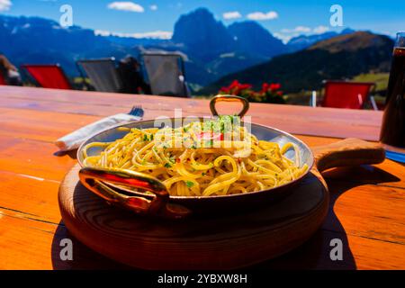 Pepperoncino Oil and Garlic Pasta in the mountains Stock Photo