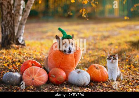 cute corgi dogs in halloween pumpkin costume and kitten sitting in autumn garden surrounded by orange vegetables Stock Photo