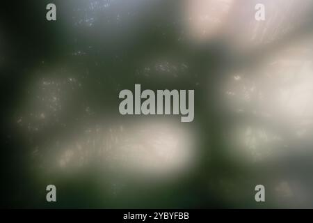 An abstract blurred image featuring soft green and white hues with light bokeh effects, creating a dreamy, atmospheric feel ideal for backgrounds or t Stock Photo