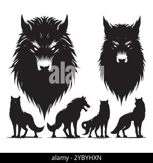 Set of werewolf silhouettes isolated on a white background, Vector illustration. Stock Vector