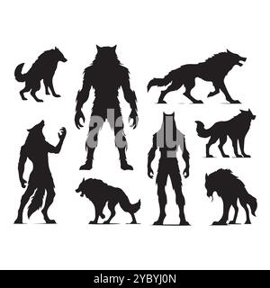 Set of werewolf silhouettes isolated on a white background, Vector illustration. Stock Vector