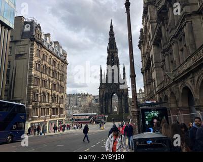 Looking towards the gothic Scott Monument in Princes Street Gardens from St David Street. Edinburgh, Scotland, United Kingdom. 16th March 2024. Stock Photo