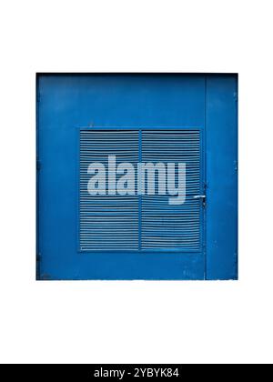 Old blue metal door with ventilation grilles on top isolated on white background. Stock Photo