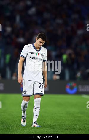 Rome, Italy. 20th Oct, 2024. Benjamin Pavard of Internazionale reacts during the Italian championship Serie A football match between AS Roma and FC Internazionale on 20 October 2024 at Stadio Olimpico in Rome, Italy. Credit: Federico Proietti / Alamy Live News Stock Photo