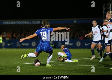 London, UK. 20th Oct, 2024. London, October 20th 2024: Johanna Rytting Kaneryd (19 Chelsea) strikes for her second and Chelsea's 5th during the Barclays FA Womens Super League game between Chelsea and Tottenham Hotspur at Kingsmeadow, London, England. (Pedro Soares/SPP) Credit: SPP Sport Press Photo. /Alamy Live News Stock Photo