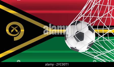 Soccer or Football ball in Goal Net Isolated on Vanuatu Shaded Flag, Sports Accessory Equipment for Playing Game, Championship and Competition Design Stock Vector