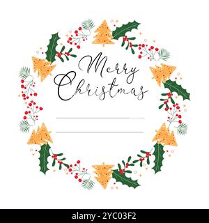 Hand drawn Christmas wreath set with winter plants, gingerbread cookie and berries. Vector circle illustrative label. Stock Vector