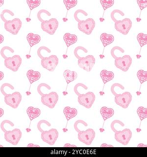 Pink key and lock in the shape of hearts. Concept of strong love. Illustration for Valentines Day, wedding. Seamless pattern on white background. Stock Vector