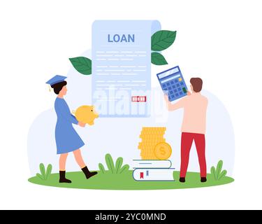 Cost of college or university education and graduation, diploma investment, student loans. Tiny people in cap of graduate holding piggy bank with savings and calculator cartoon vector illustration Stock Vector
