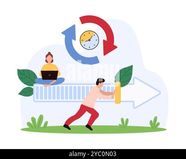Updating software and system, progress status of data synchronization and digital product upload. Tiny people pushing slider on bar arrow to update data performance cartoon vector illustration Stock Vector