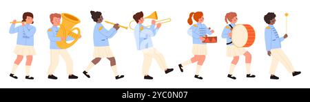Kids march in parade and play musical instruments set. Cute children walk in line with trumpet and horn, trombone and drum, happy musicians in uniform playing in orchestra cartoon vector illustration Stock Vector