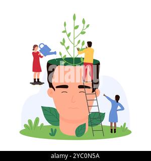Mental health, self mind development and wellness, counseling for positive thoughts. Tiny people on ladder watering and growing green tree inside open brain of human head cartoon vector illustration Stock Vector