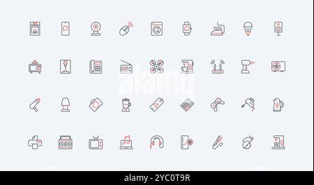 Gadgets and home electrical appliances for household line icon set. Electronic devices for life comfort and cleaning, games, cooking in kitchen thin black and red outline symbols vector illustration Stock Vector