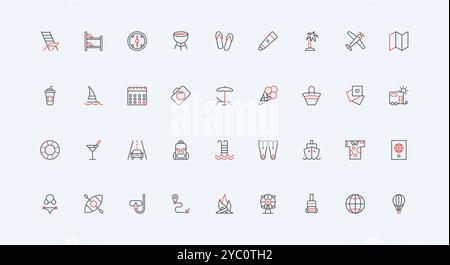 Summer beach vacation and holidays line icon set. Travel around globe by plane or car, ship or camper van, passport and compass, luggage and thin black and red outline symbols vector illustration Stock Vector