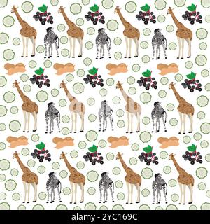 zebra, giraffe with fruit as a pattern background Stock Vector