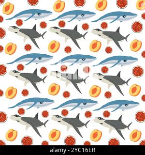 hammerhead shark, whale with fruit as a pattern background Stock Vector