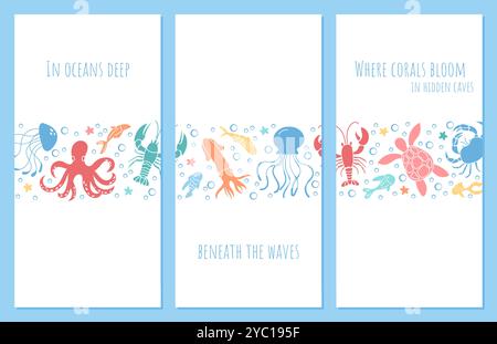 Cartoon Ocean Life and Coral Reef Designs Stock Vector