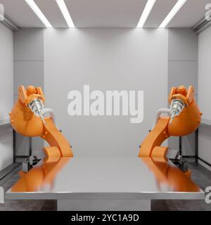 A space for displaying products on a metallic table surface with robotic arms surrounding it in a modern factory. Automated manufacturing. technology Stock Photo