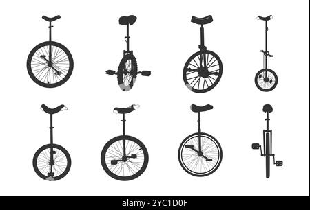 Circus unicycle vectors, Circus unicycle silhouette, Unicycle silhouette, Riding unicycle silhouette, Riding unicycle silhouette. Stock Vector