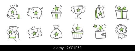 Reward bonus gift icon set. Benefit reward bonus loyalty prize hand drawn sketch line pen stroke style icon. Benefit gift coupon, loyalty card sketch doodle drawn collection. Vector illustration Stock Vector