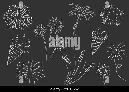 Fireworks and rocket, salute with burst, light and festive explosions in doodle style. Hand drawn sparks, firecracker on white background. Party, celebrations, event. Vector illustration Stock Vector