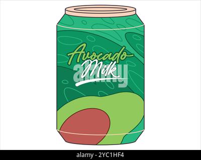 Avocado milk drink can sweet fruity flavor dairy product green color packaging milky healthy aluminum container design flat illustration Stock Vector