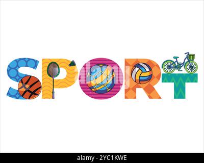 Sport font theme concept typographic style colorful alphabet artistic element basketball volley badminton soccer football bicycle design icon set Stock Vector