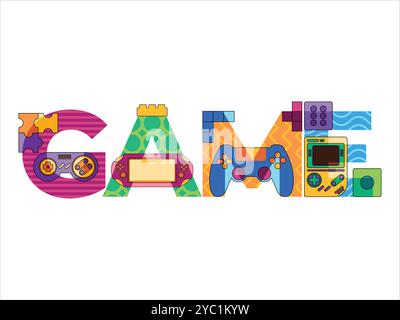 Game concept font editable gaming cyber future controller joystick element typographic colorful design set Stock Vector