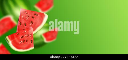 Watermelon triangle slice with seeds flying and falling on green background with space for text. Realistic 3d vector banner with ripe red berry cut piece for juice and summer cocktail design. Stock Vector