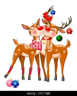 Cartoon deer decorated with Christmas balls and snowflakes on a white background. New Year's card. Stock Vector