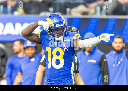 Los Angeles, United States. 20th Oct, 2024. Los Angeles Rams wide receiver Tyler Johnson #18 reacts after scoring against the Las Vegas Raiders during an NFL football game at SoFi Stadium, Sunday, Oct. 20, 2024, in Inglewood, Calif. Los Angeles Rams won against Las Vegas Raiders 20:15 Credit: SOPA Images Limited/Alamy Live News Stock Photo