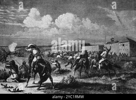 A party of scouts fighting off a stampede of horses started by de Sioux outside Fort Union on the Yellowstone River in the Dakota Territory. Engraving Stock Photo