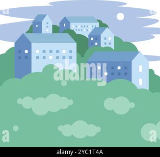 Minimal geometric style city landscape with trees and hills Stock Vector