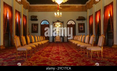 View of Darbar Hall of Naulakha Palace, 18th-century architecture, Gondal, Rajkot, Gujarat, India. Stock Photo