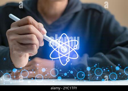 man holding a digital pen. touching abstract network circle technology structure. Innovation networking future worldwide global concept Stock Photo