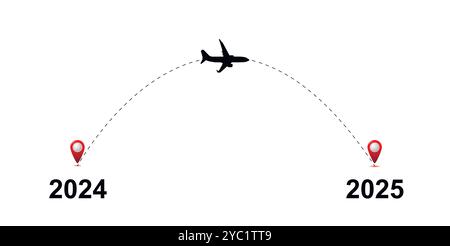 Dotted plane path from 2024 to 2025. The concept of meeting the New Year. Vector. Stock Vector